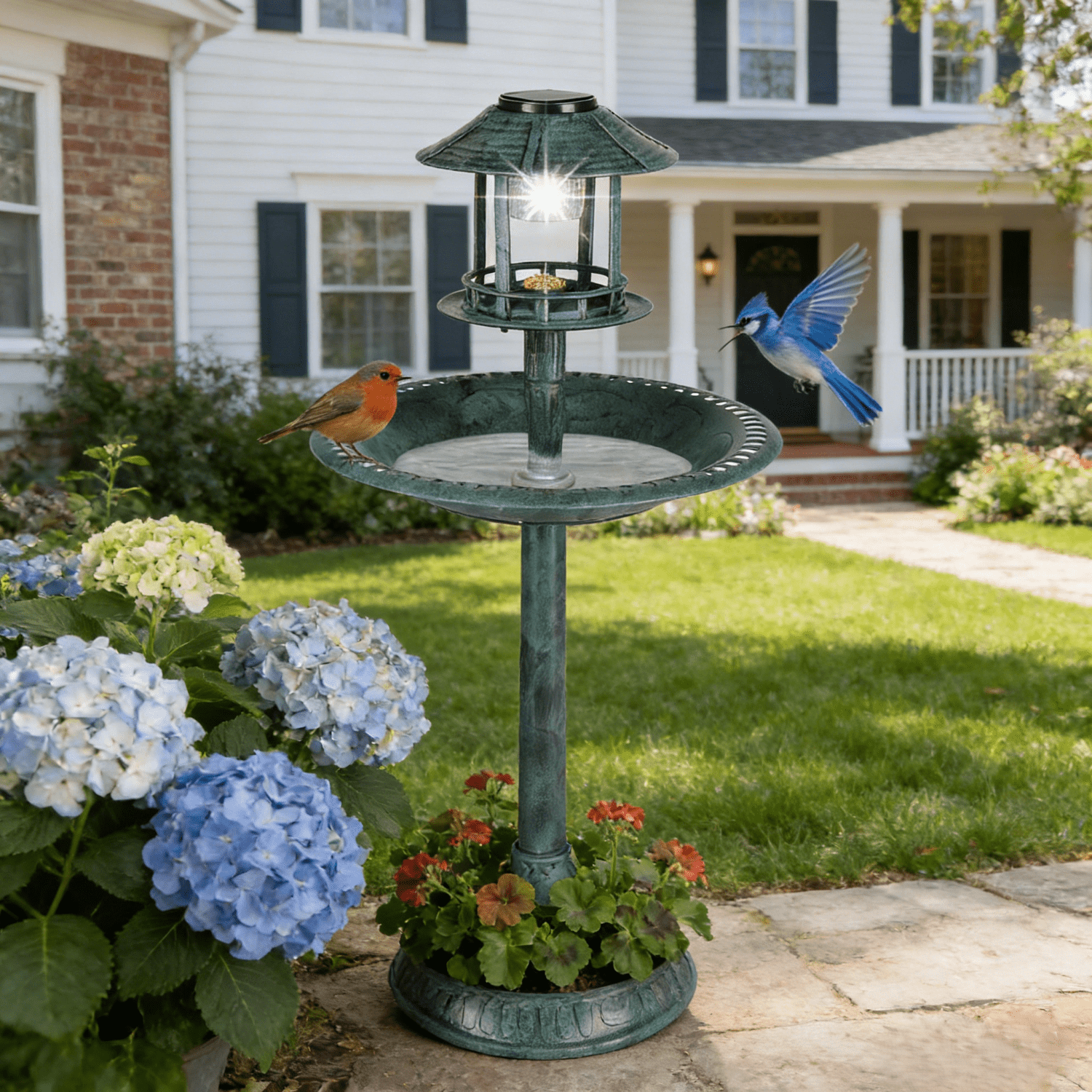 Ktaxon Wild Bird Bath Resin Pedestal Birdbaths with Solar Light  Antique Sculpture Finish Garden Decor Dark Green