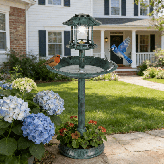 Ktaxon Wild Bird Bath Resin Pedestal Birdbaths with Solar Light Antique Sculpture Finish Garden Decor Dark Green