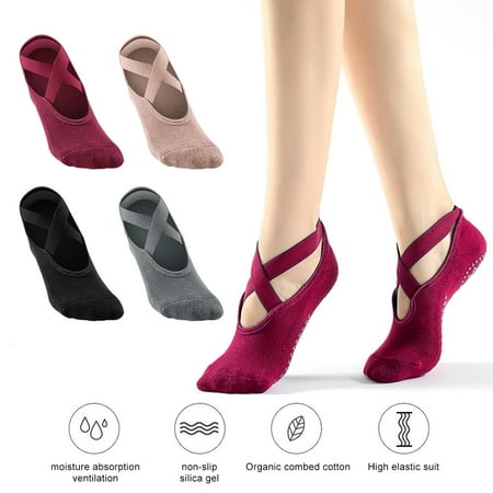 2 Pairs Yoga Grip Socks - Cozy Warm Non Slip Casual Socks - for Home, Indoor Yoga, and Dance - Men and Women, Black&Beige