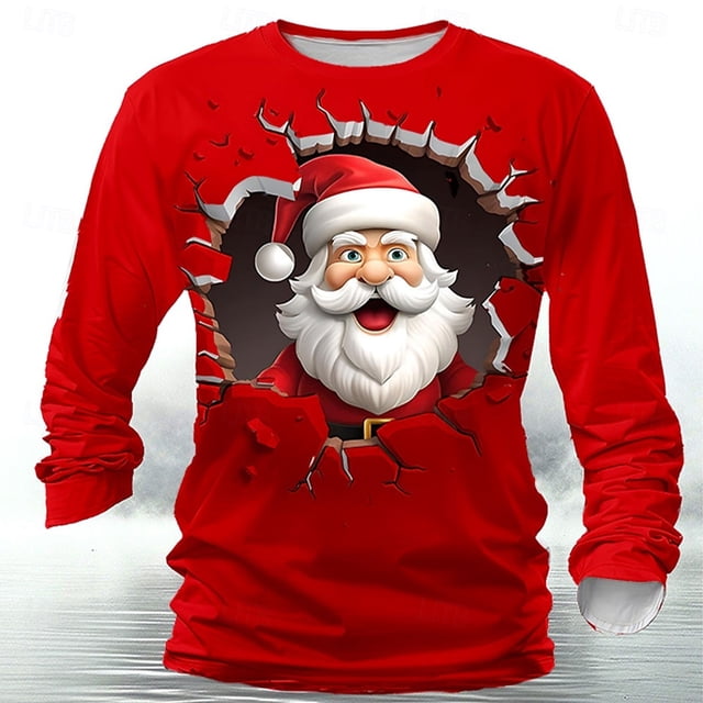 Leodye Chemises de Noël à Manches Longues pour Hommes Père Noël Fête Col Rond Chemises X-Mas Funky Rouge G(L)