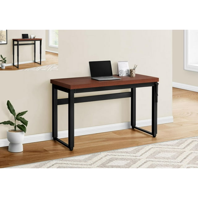 Monarch Specialties adjustable standing computer desk with 48-inch brown laminate top and black metal frame, shown in a contemporary home office setup with laptop, calendar, pencils, plant on wooden floor.