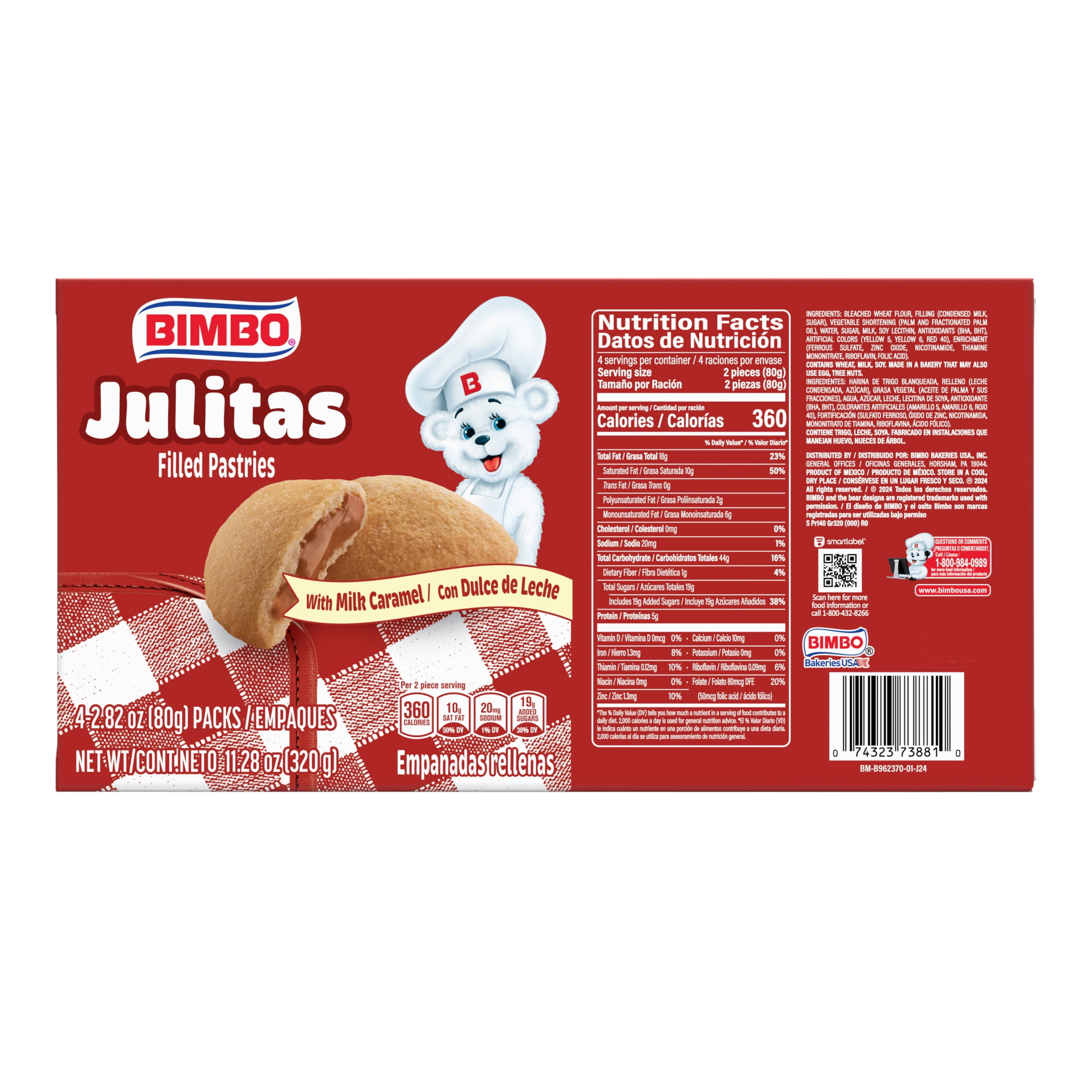 Bimbo Julitas Milk Caramel Filled Pastries, 4 twin packs, Sweet Empanadas, 11.28 oz Multipack