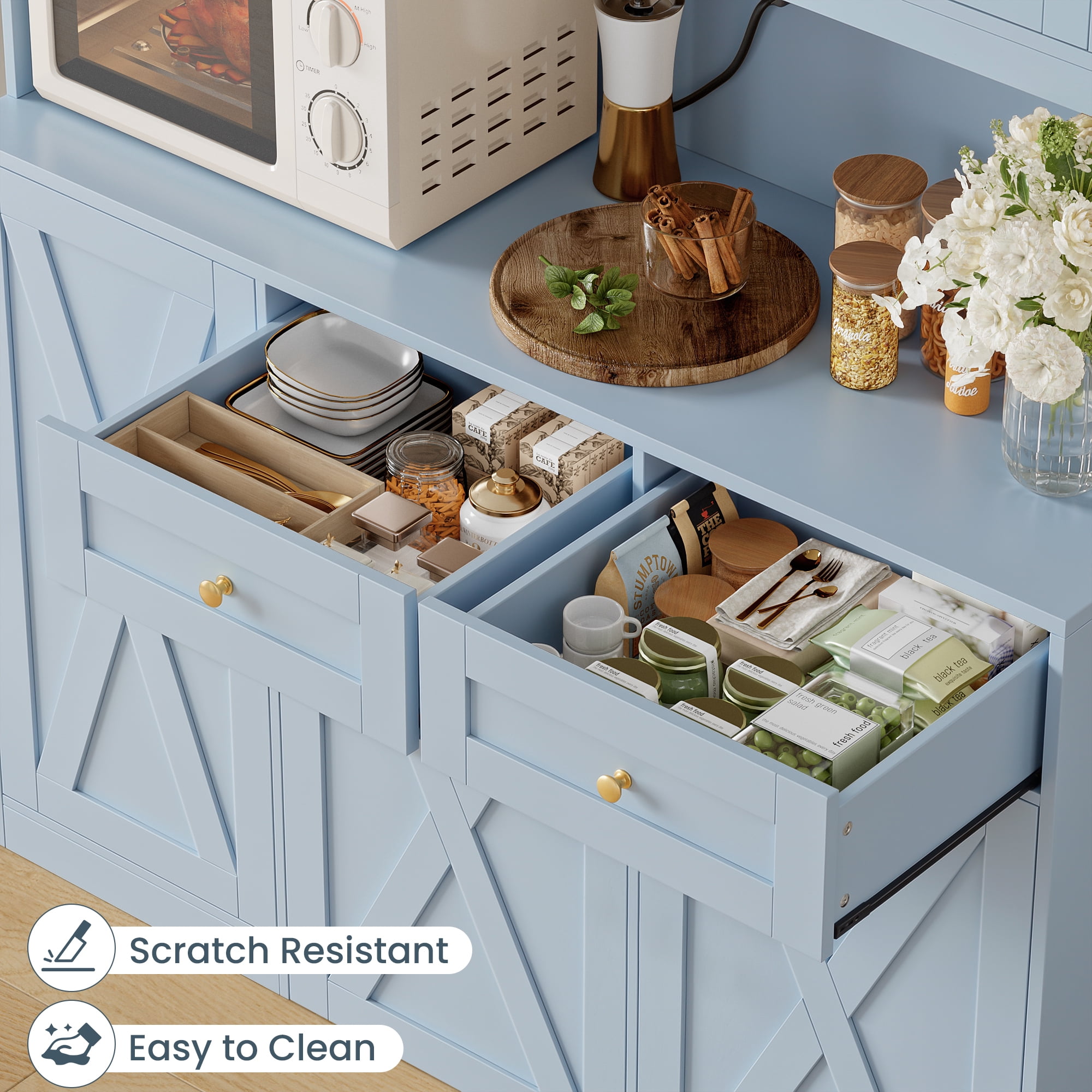 Homfa Kitchen Pantry Cabinet, Trash Can Cabinets Fits 12.5 Gallon Can, 5 Door 2 Drawer Kitchen Storage Cabinet with Hutch, Freestanding Cupboard, Blue