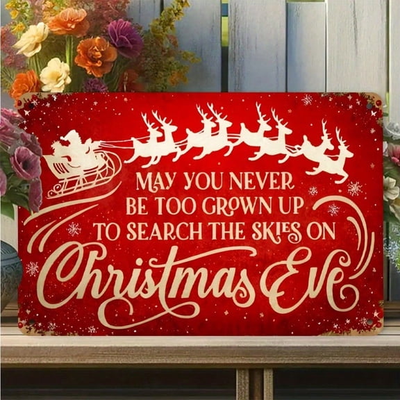 HELLOYOUNG Vintage Christmas Metal Wall Sign 7.87x11.8 Inch, Santa Sleigh & Reindeer Rustic Red White Decor, "May You Never Be Too Grown Up To Search The Skies" Quote, 2D Flat Indoor Holiday Art for