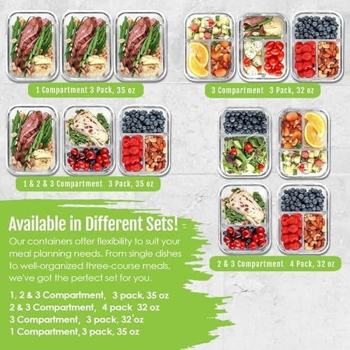Glass Meal Prep Containers, 2 & 3 Compartments - Portion Control, Lunch Container Set, Food Storage, Airtight Lids, Oven & Freezer Safe, Leak-Proof Bento Box, 32 oz, Blue, 4 Pack