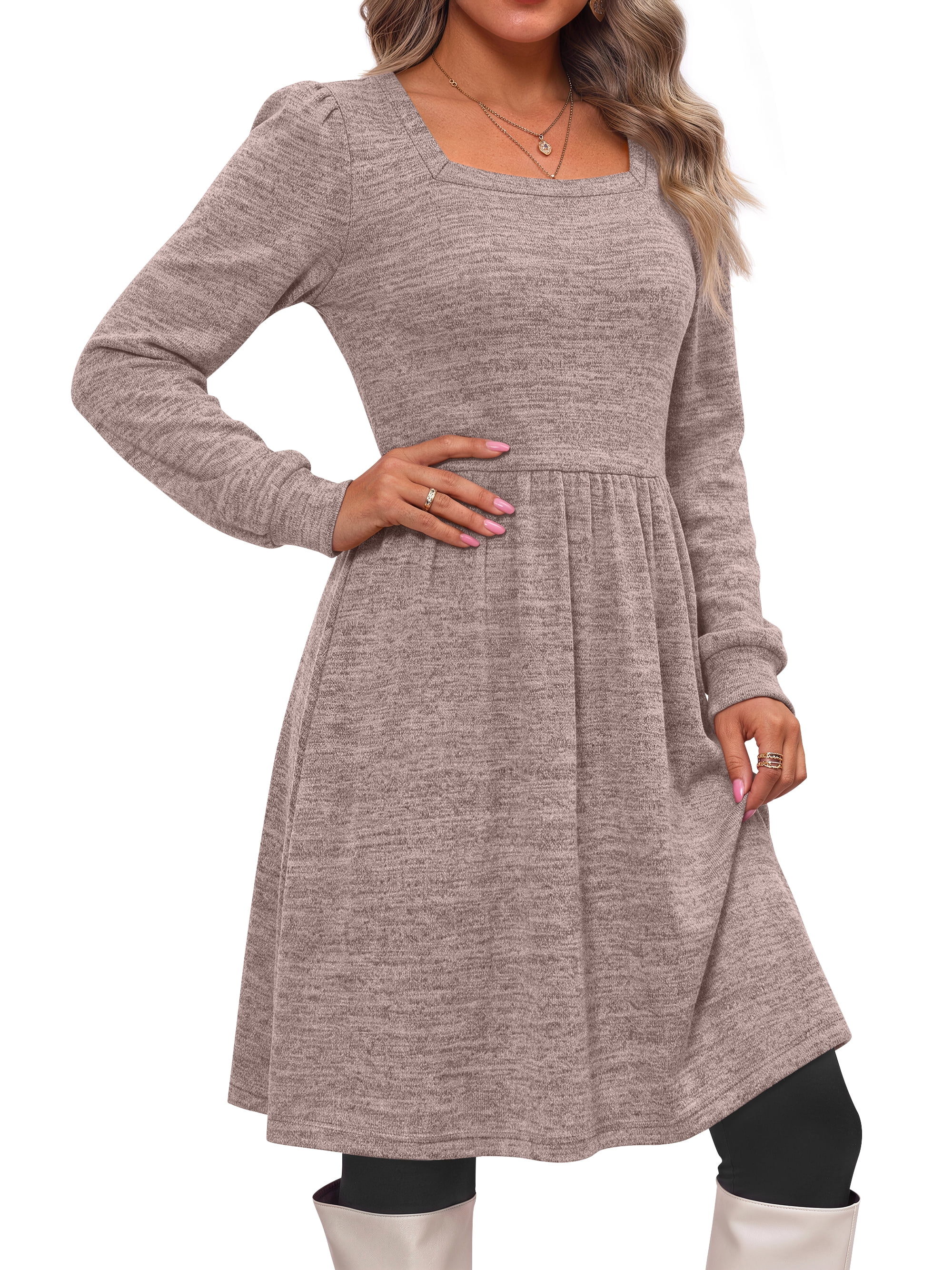 Fantaslook Square Neck Long Sleeve Dresses for Women Casual Trendy Sweater Dress with Pockets