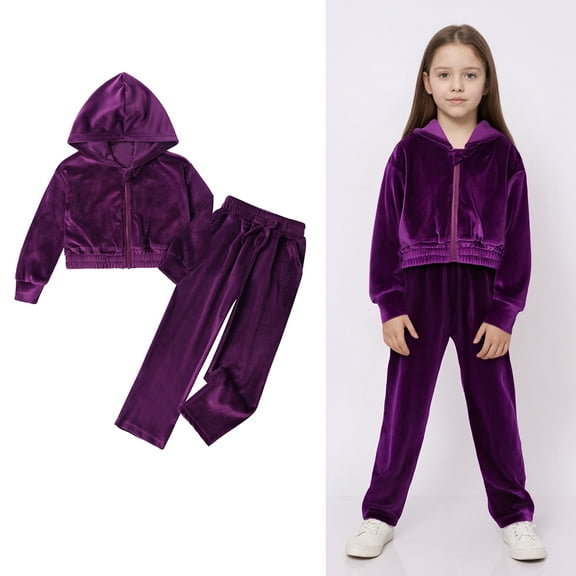 Toddler Sweat Suits for Girls Velour Purple Track Suit Zip Up Cropped Hoodie Sweatpants Sets Jogging Suits for Girls 3-4 Years