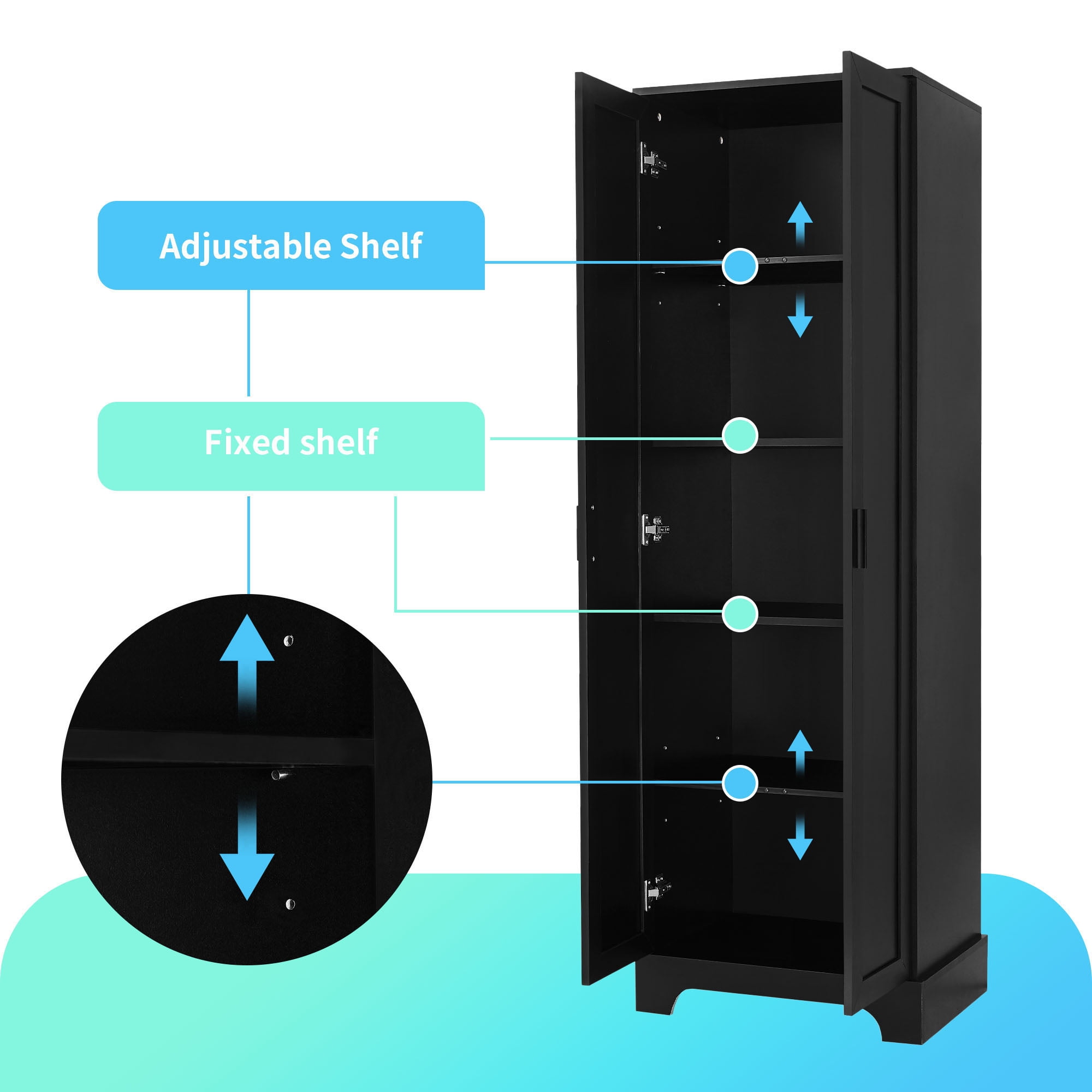 S-HOME Black Storage Cabinet with Two Doors, Adjustable Shelf and Durable MDF Board for Bathroom or Office Organization
