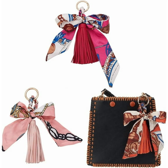 3Pcs 3Colors Silk Ribbon Tassel Bag Pendant Charm PU Imitation Leather Tassel Keychain with Alloy Key Rings and Bowknot Ribbon