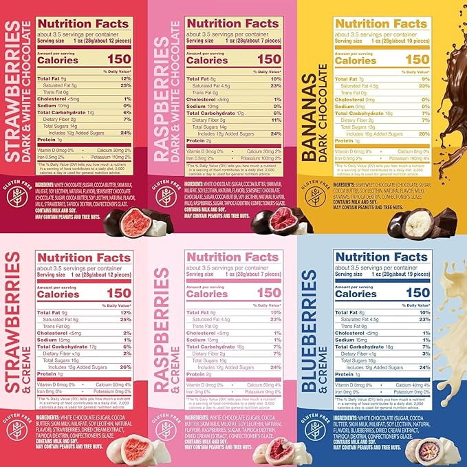 Tru Fru Freeze-Dried Chocolate Covered Fruit Variety Pack, Strawberries, Raspberries, Bananas, Strawberries & Crème, Raspberries & Crème, Blueberries & Crème, 3.4 oz Bags  6 count