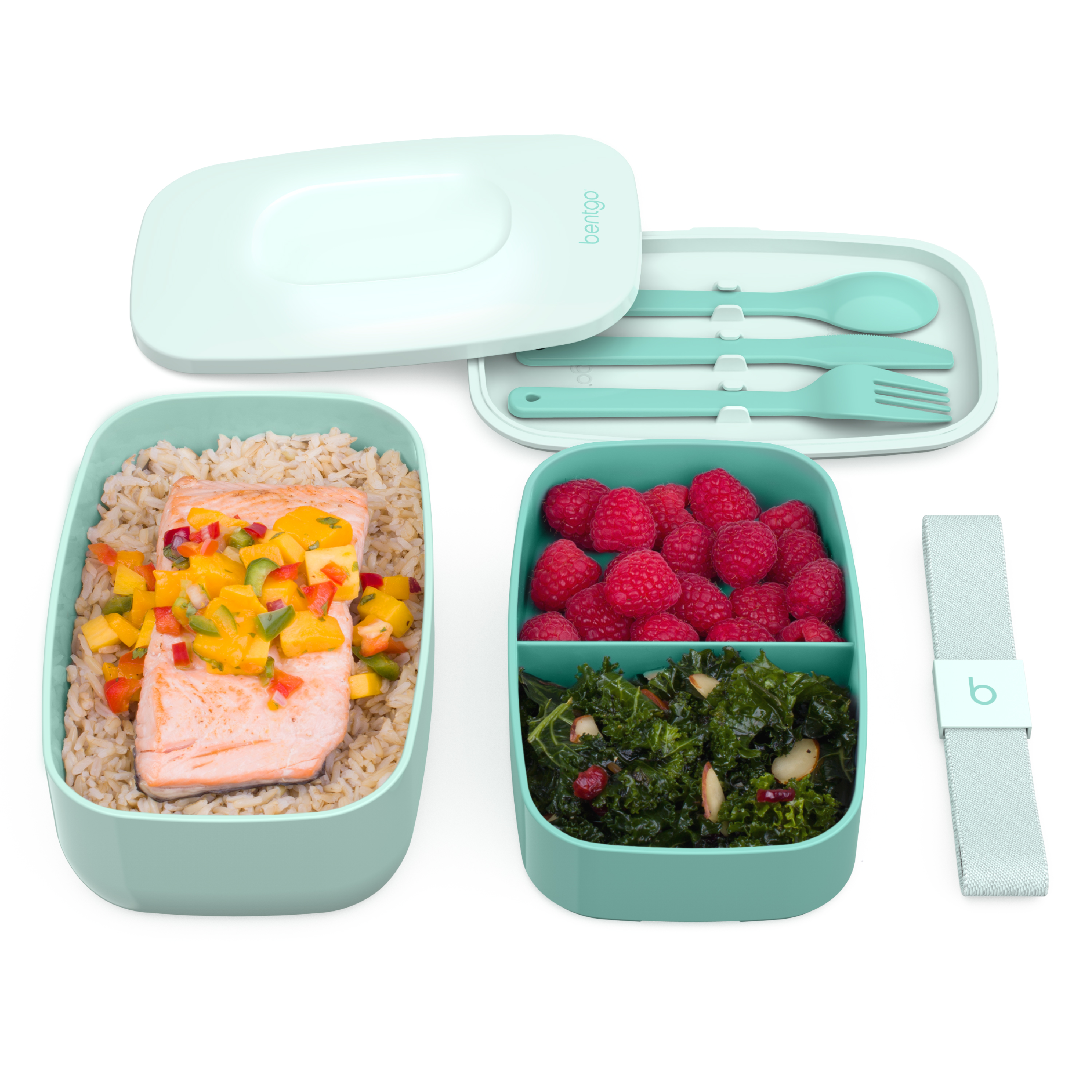 Bentgo Classic - All-in-One Stackable Bento Lunch Box Container - Modern Bento-Style Design Includes 2 Stackable Containers, Built-in Plastic Utensil Set, and Nylon Sealing Strap (Coastal Aqua) - image 2 of 5