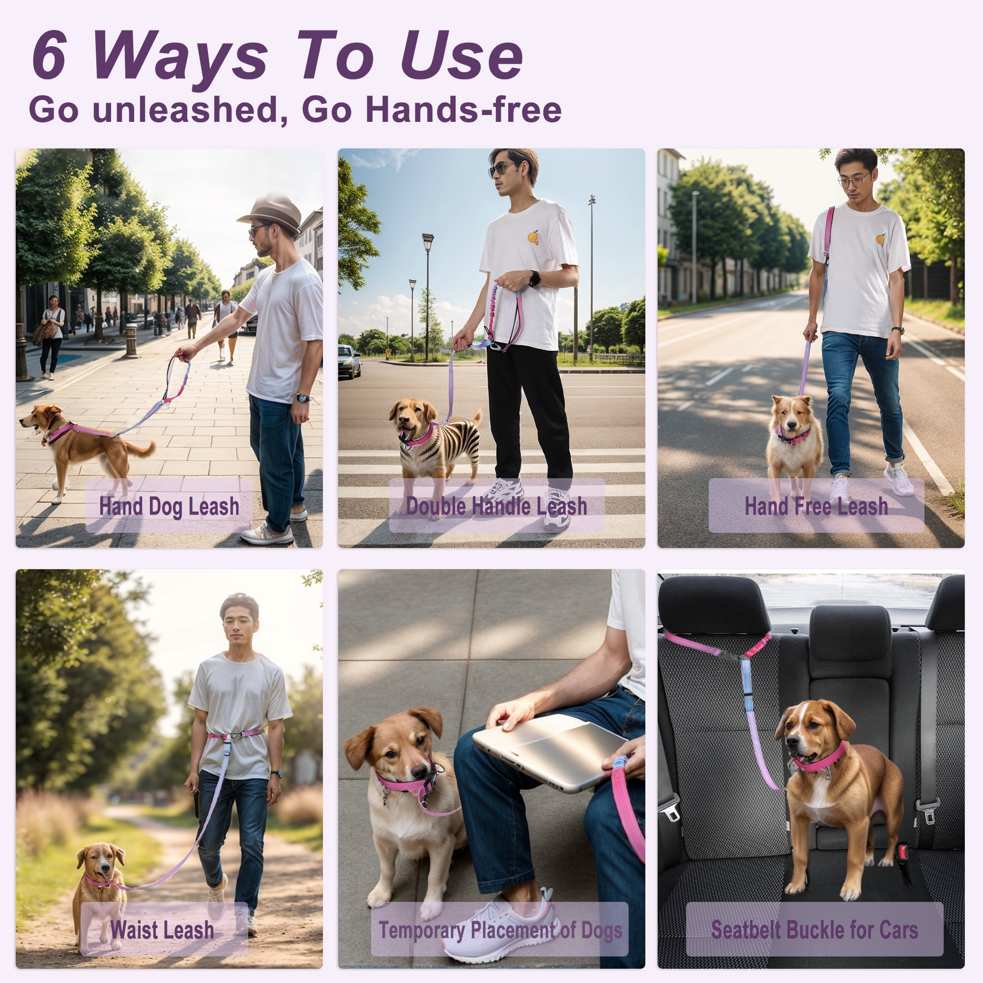 Unique Bargains Hands Free Dog Leash No Pull Bungee Dog Leash for One Large Dog Up to 440 Ib W/ Car Seatbelt Rose Red