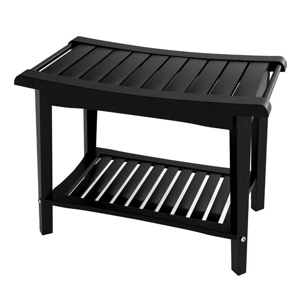Shower Bench Wood Water Proof Ergonomic Shower Stool with Storage Shelf for Bathroom Spa Black