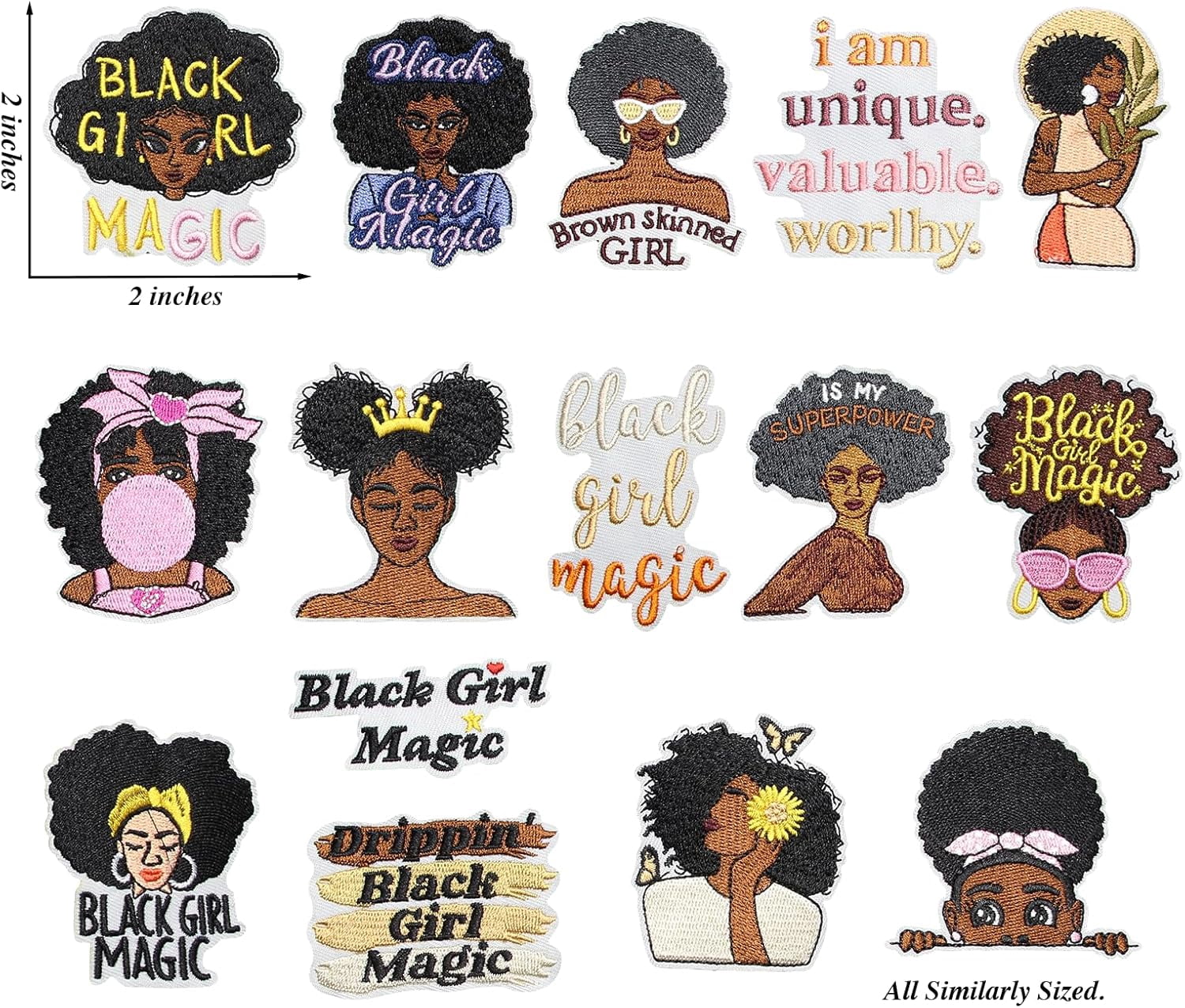 15PCS Black Girl Magic Iron on Patches, Inspirational Afro Girl Embroidered Applique Set with Empowering Quotes and Designs for Clothing, Hats, Backpacks, Jackets, DIY Crafts