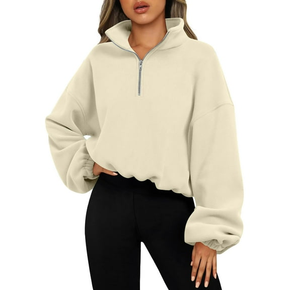Uootdi Women's Oversized Long Sleeve Gift Sweatshirts Womens Half Zip Collared Cropped Pullover Fleece Quarter Zipper Hoodies Fall Fashion Outfits