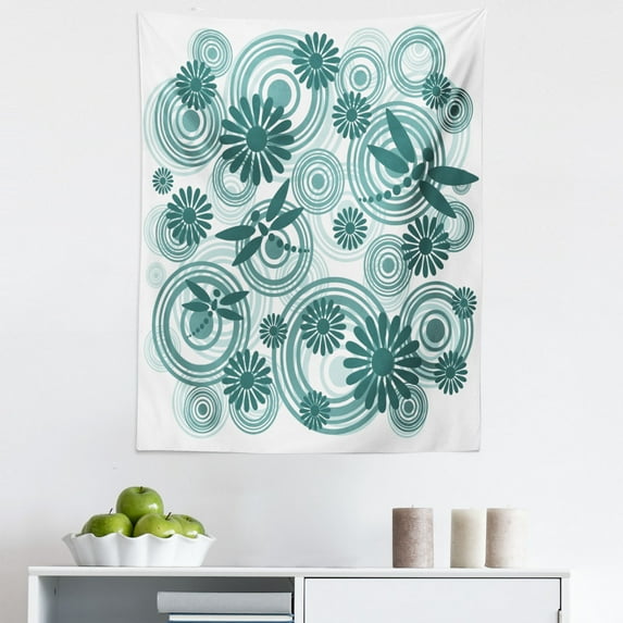 Dragonfly Tapestry, Abstract Circular Spiral Flowers Chamomile Daisy Modern Print, Fabric Wall Hanging Decor for Bedroom Living Room Dorm, 5 Sizes, Petrol Blue White, by Ambesonne
