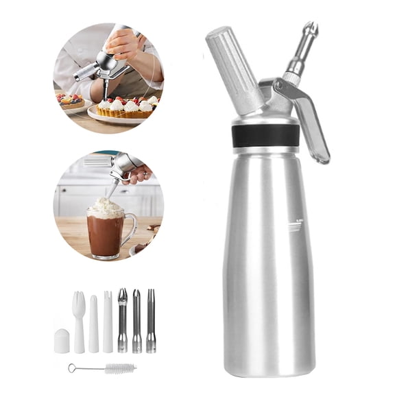 Whipped Cream Maker 500mL / 1 Pint, Whip Cream Dispenser with 6 Decorating Nozzles and Cleaning Brush for Desserts, Coffee & Foam