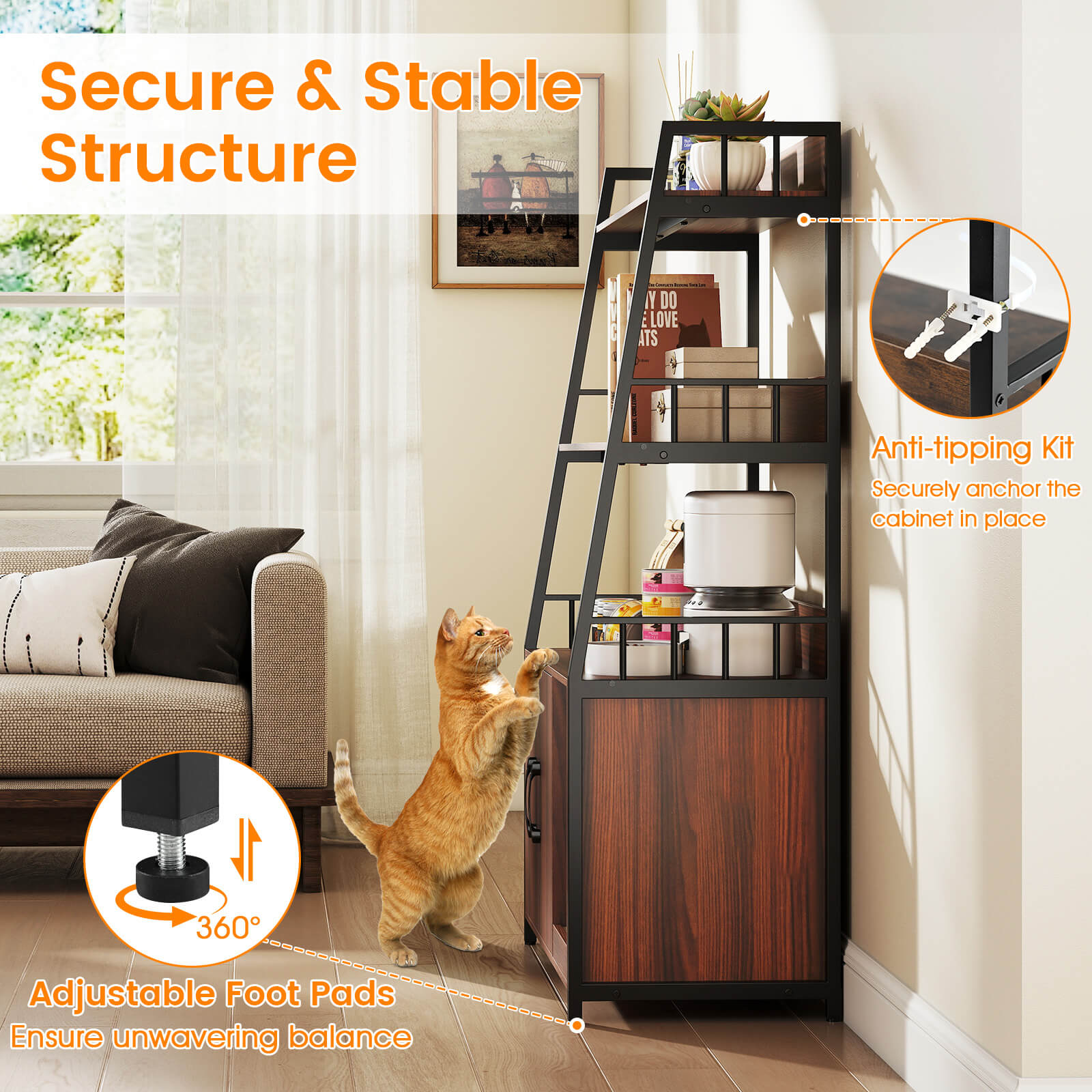 Costway Cat Litter Box Enclosure with Storage Shelves with Scratching Pad, Charging Station