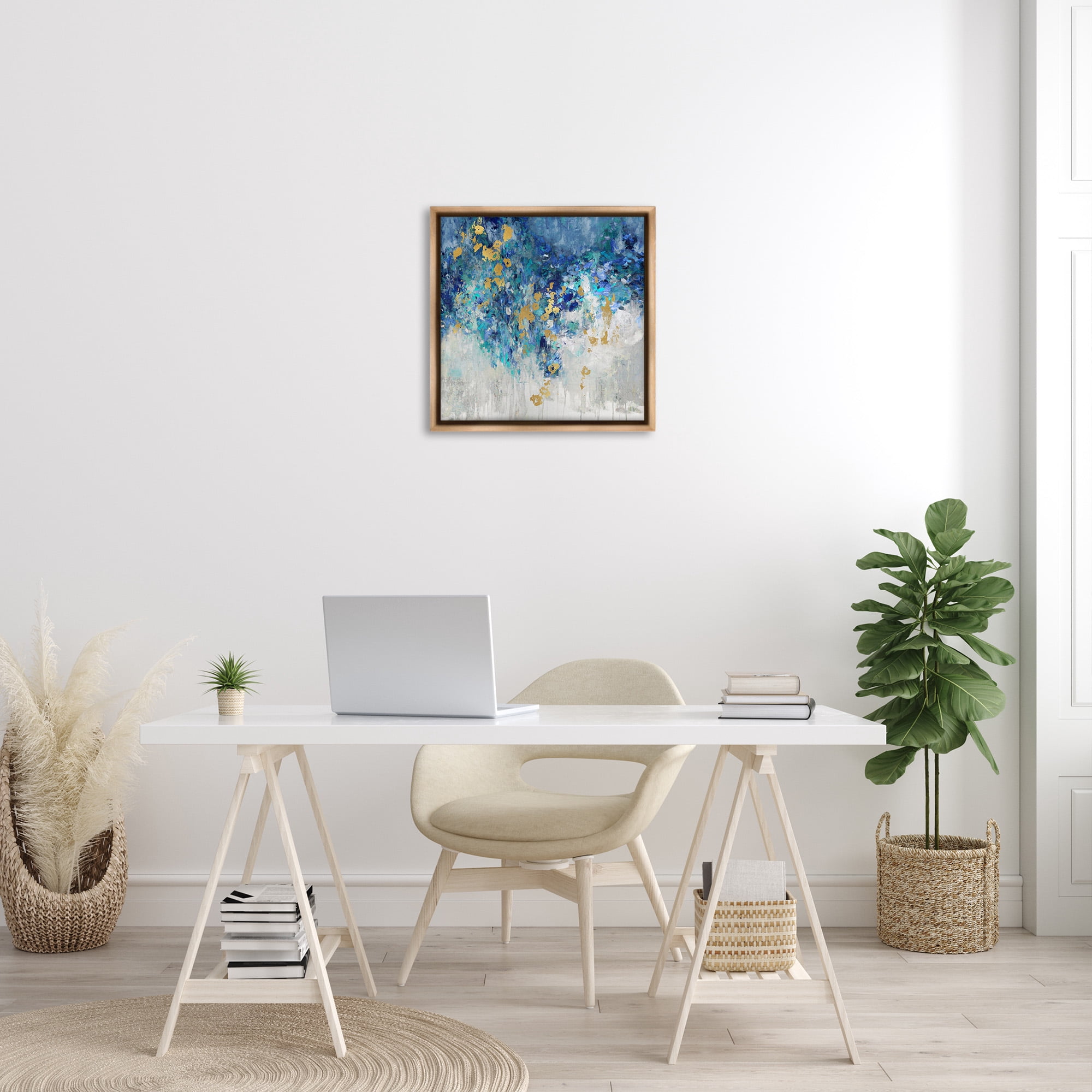 Stupell Industries Abstract Blue Gold Paint Design Abstract Painting Brown Floater Framed Canvas Art Print Wall Art, 25 x 25