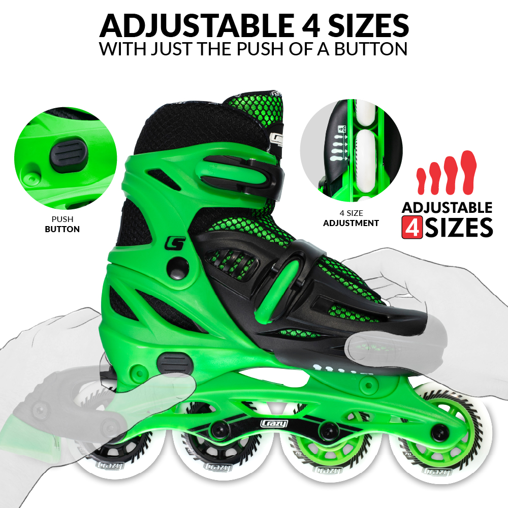 Crazy Skates Adjustable Inline Skates for Girls and Boys - Adjust to fit 4 Sizes