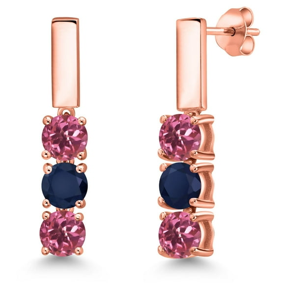 Gem Stone King 18K Rose Gold Plated Silver Pink Tourmaline and Blue Sapphire Drop Dangle Earrings for Women | 1.64 Cttw | Gemstone October Birthstone | Round 5MM