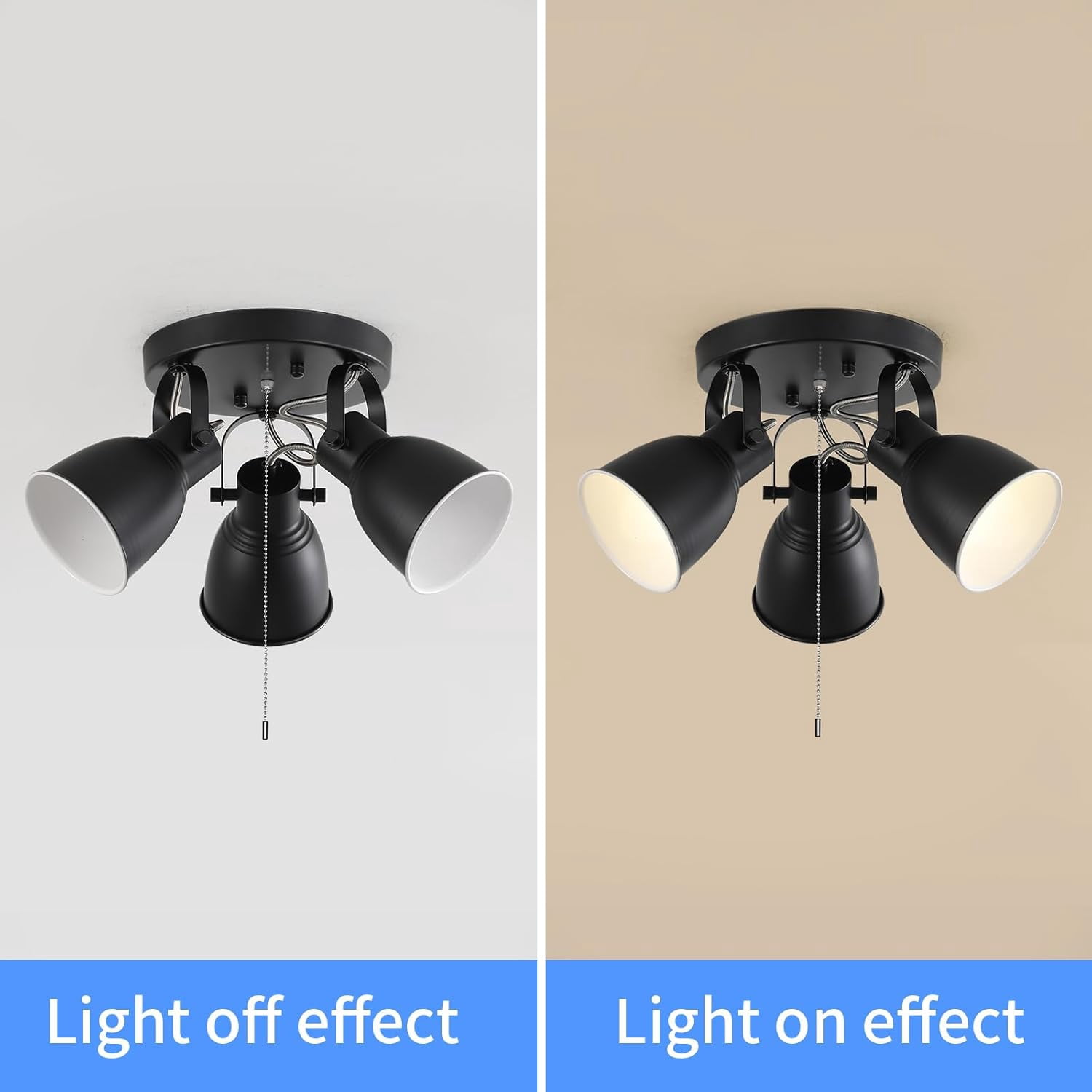 3 Light Ceiling Light with Pull Chain,Adjustable Directional Ceiling Track Light,Industrial Pull Chain Light Fixtures for Bedroom Hallway Closet.