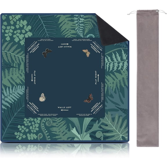 Green Plants Mahjong Mat - 33 x 33 Inches Ferns Mahjong Mat with Rules and Carry Bag Noise Reduction for Poker Dominoes Board Games Gift