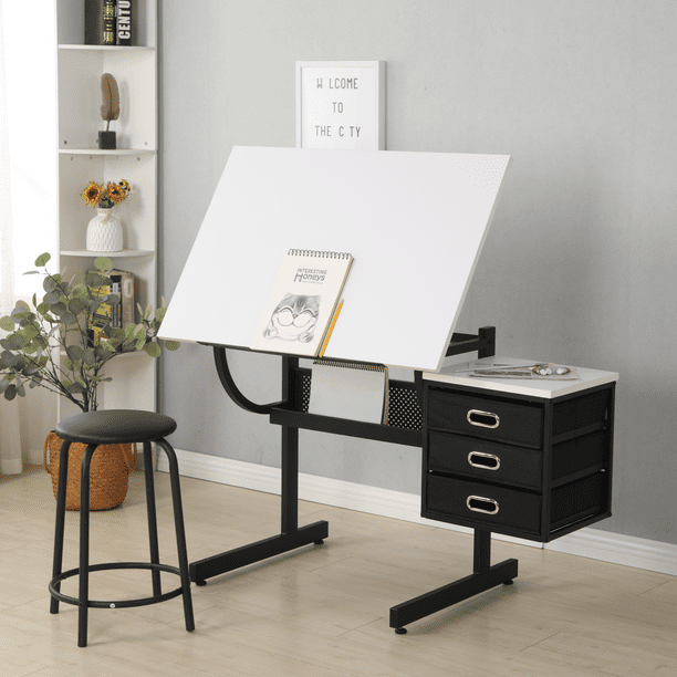 Adjustable Drafting Table Drawing Desk with Padded Stool, X Cross Art