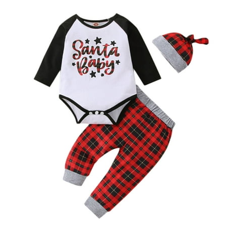 

SYNPOS Christmas Baby Romper Pants Hat Baby Boys Long Sleeve 3PCS Outfits