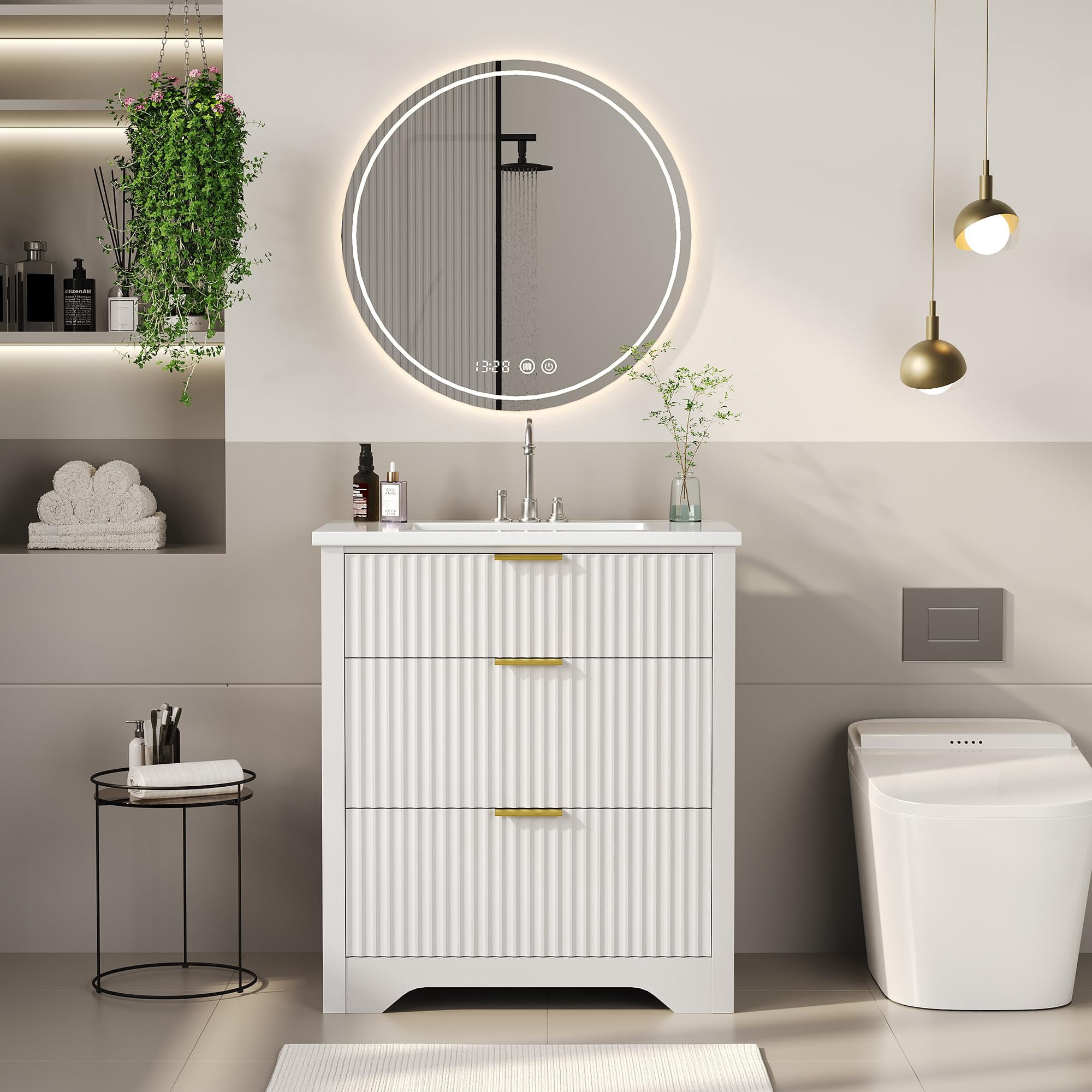 24" Fluted Bathroom Vanity with Sink, Farmhouse Freestanding Bathroom Sink Cabinet with 2 Drawers & 1 Flip-Down Drawer, Easy Assembly & Cleaning, White