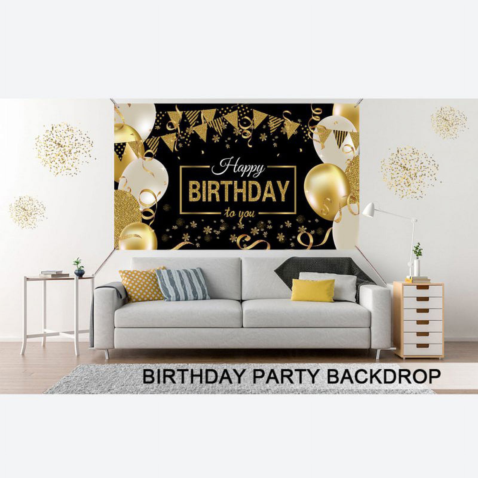 Happy Birthday Backdrop Banner Schwarz Gold – 184,9x112,5 Cm, Aus Polyester, Mit Schnur, Für Party & Fotoshooting