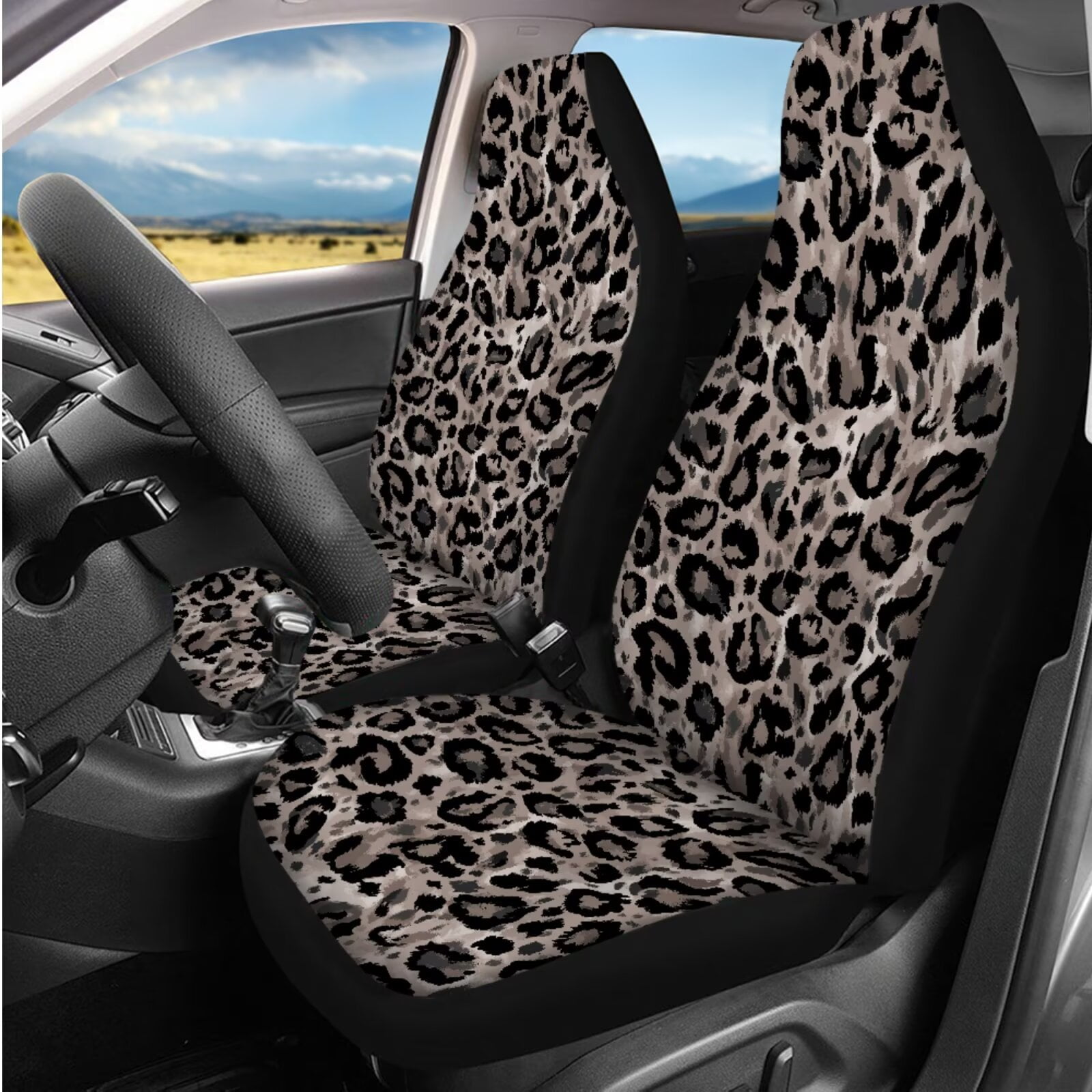 HUIACONG Gray Leopard Print Car Seat Covers Full Set Cheetah Car Accessories 14 Pcs with Steering Wheel Cover Arm Rest Cover Seat Belt Pads Headrest Cover Coasters Keychain Universal Fit