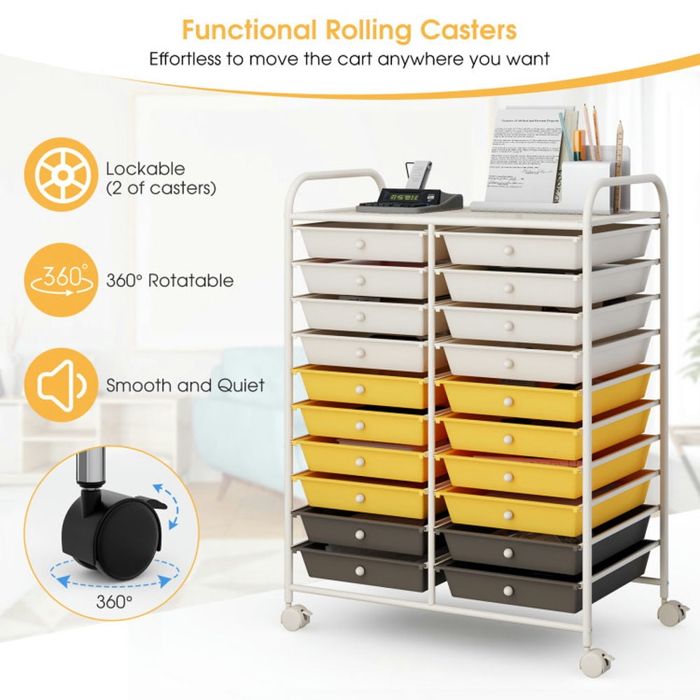 Demi Bonn 20 Drawers Storage Rolling Cart Studio Organizer with 4 Universal Casters, Yellow & Beige & Gray