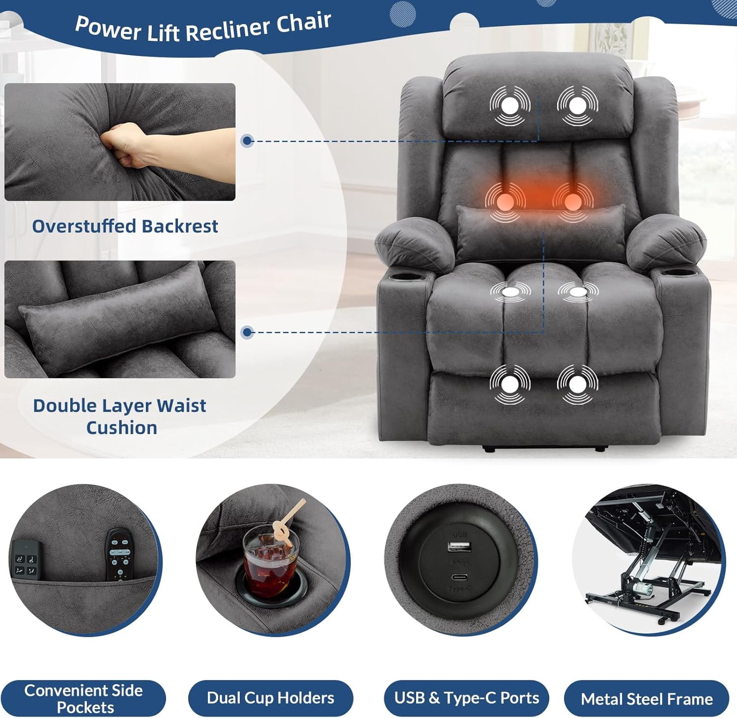 Large Dual Motor Lay Flat Power Lift Recliner Chair with Extended Footrest, Heat Massage, Oversized Electric Recliner for Big Tall Elderly, Lumbar Pillow, USB & Type-C Ports, Gray