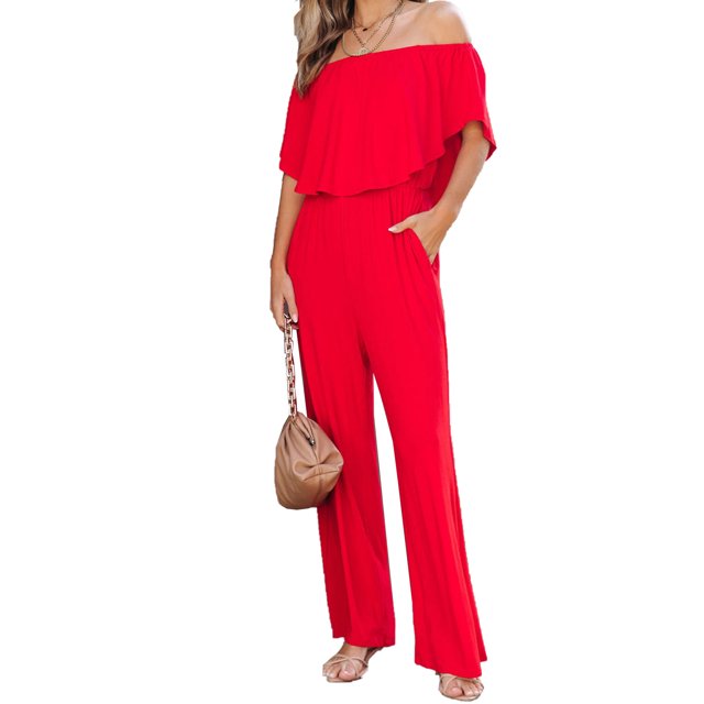 Mono Largo Mameluco Mono de verano a la moda para mujer con volantes y hombros descubiertos para el trabajo (rojo XL) Ygjytge para Mujer Rojo T 3EG