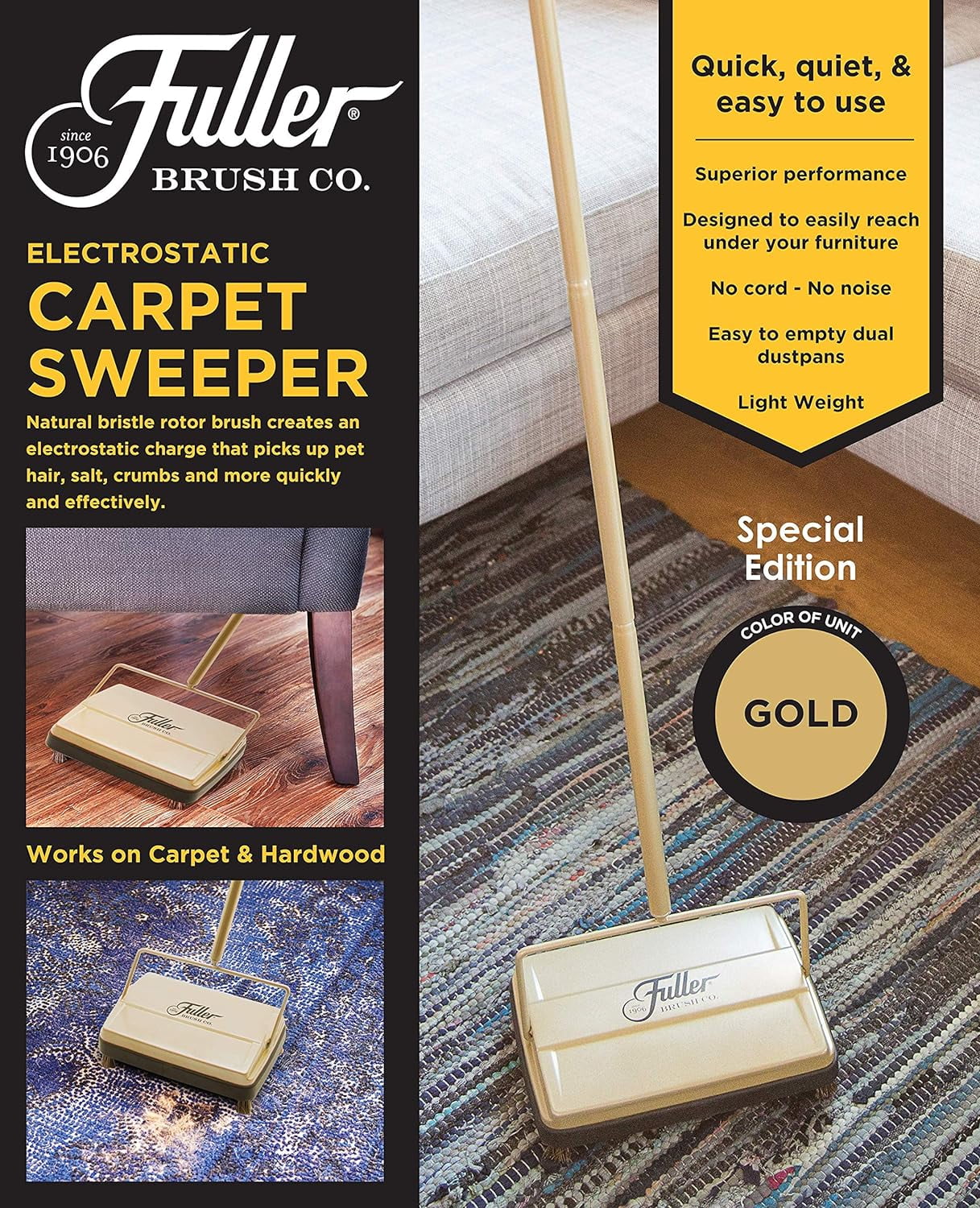 Fuller Brush 17042 Electrostatic Carpet & Floor Sweeper with Additional  Rubber Rotor - 9 Cleaning Path - Lightweight - Ideal for Crumby & Wet  Messes