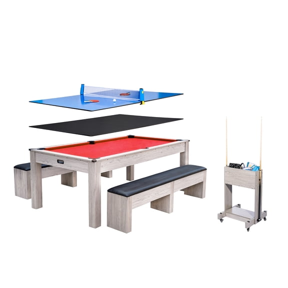 7FT 3-in-1 Pool Table, Convertible to Dining & Ping Pong Table with Complete Accessory Set & Rolling Storage Caddy, Wood Grain Finish