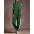 thumbnail image 2 of Women'S Zipper Stand Collar Striped Color Block Fashion Long Jumpsuit Casual Chic One-Piece Outfit Green S, 2 of 5