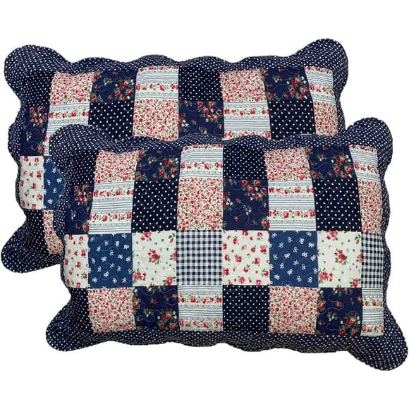 2-Piece Boho Cotton Quilted Bed Pillow Shams Floral Printed Patchwork Pillow Shams Set, Standard Size (307 Dark Blue, 20"x28")