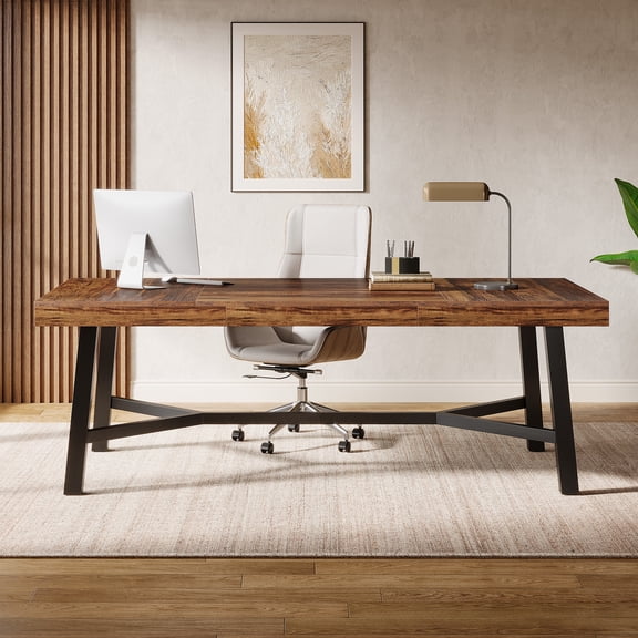Finmind Rectangular Executive Desk, 71-Inch Farmhouse Computer Desk with Sturdy Leg for Home Office, Brown&Black