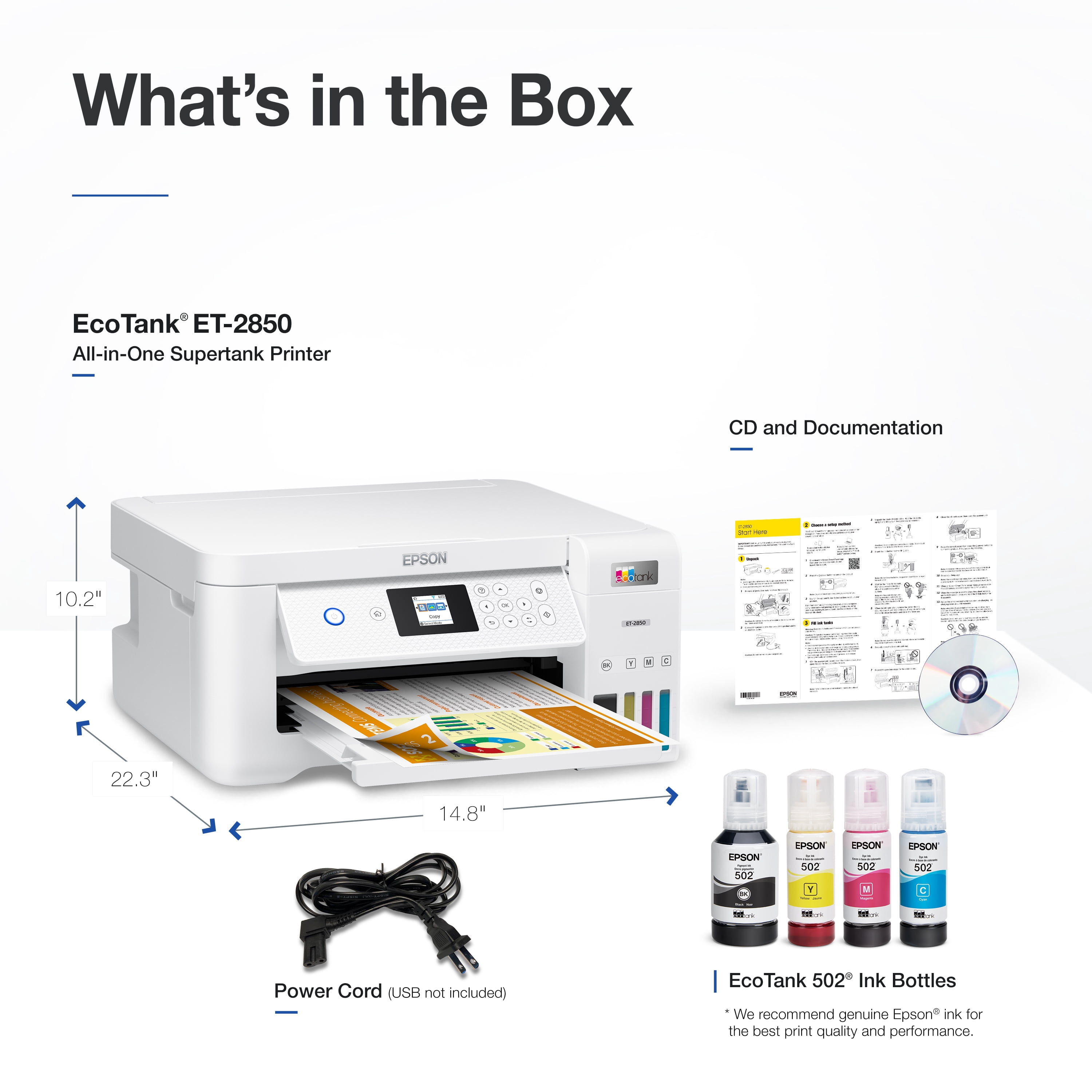 Epson EcoTank ET-2850 Wireless Color All-in-One Cartridge-Free Supertank Printer with Scan, Copy and Auto 2-Sided Printing - White