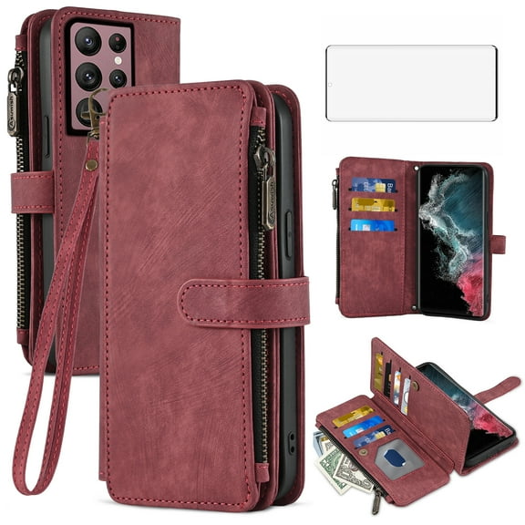 Asuwish Compatible with Samsung Galaxy S22 Ultra 5G Wallet Phone Case and Tempered Glass Screen Protector Faux Leather Flip Card Holder Zipper Cell Cover for S22ultra 22S S 22 S22ultra5g 6.8 Red