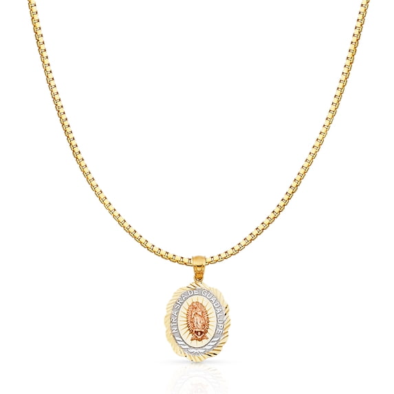 Ioka-14K Tri Color Gold Religious Our Lady of Guadalupe Charm Pendant with 1mm Box Chain Necklace - 18"