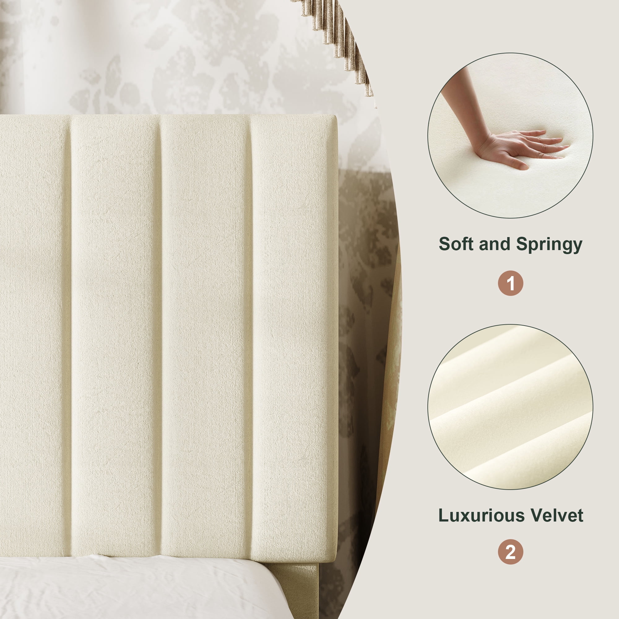 Amolife Full Size Bed Frame, Platform Bed with Adjustable Velvet-Wrapped Headboard and 4 Storage Drawers, No Box Spring Required, Cream White