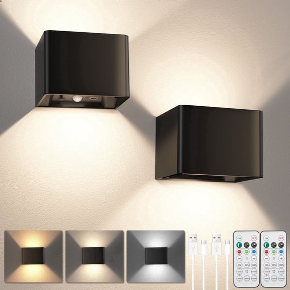 Gaormii Rechargeable Wireless Magnetic Wall Light, Motion Sensor LED Wall Sconce with Remote, 3 Color Modes, up down Indoor Lighting, Black, 2 Pack