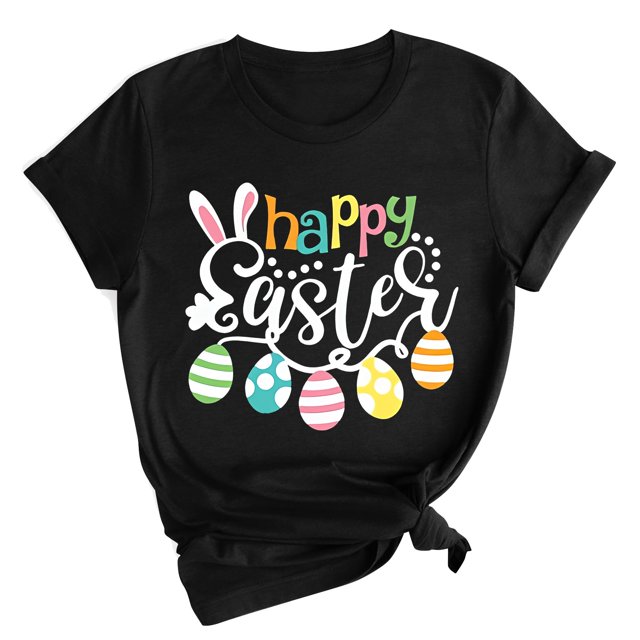 Outfmvch Chemises de Pâques pour Femmes, Chandails en Molleton à Col Rond pour Femmes, Chemises à Manches Courtes pour Femmes, Hauts de Sortie pour Femmes, T-Shirt à Manches Courtes à Col Rond à la Mode, T-Shirts Graphiques pour Femmes Noir 2 2TG
