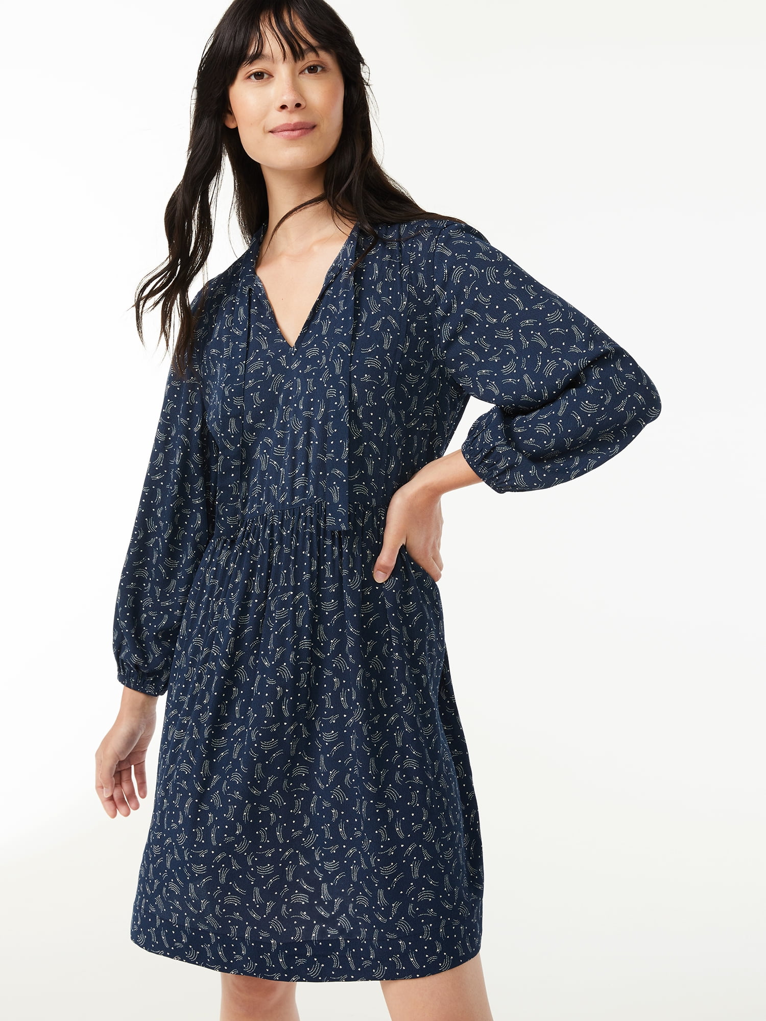 Free Assembly Women's Tie Neck Swing Dress with Long Sleeves