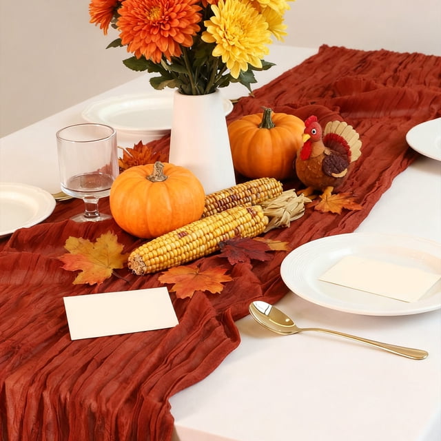 Fall Table Runner | Bohemian Pleated Polyester Tablecloth | Rust and Caramel Autumn Home Decor | Wrinkle-Textured Fabric for Thanksgiving Dinner, Wedding Party, and Family Gathering Table Decoration