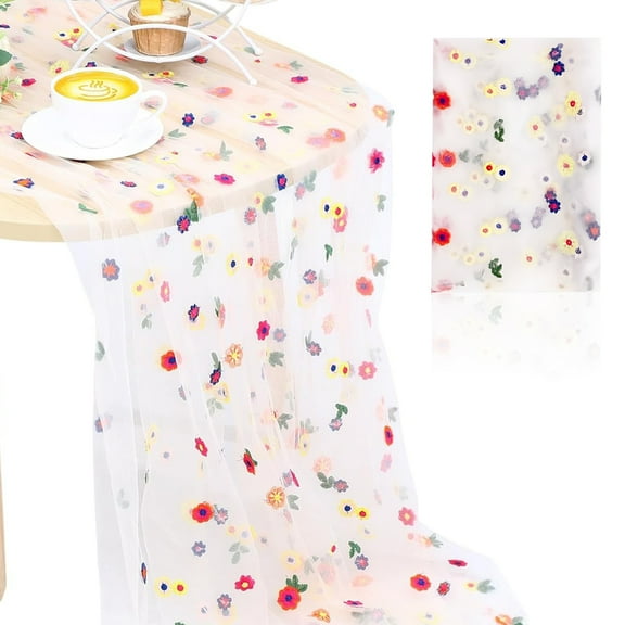 White Daisy Tulle Table Runner 10ft for Home Party Spring Summer Florals Seasonal Easter Decoration