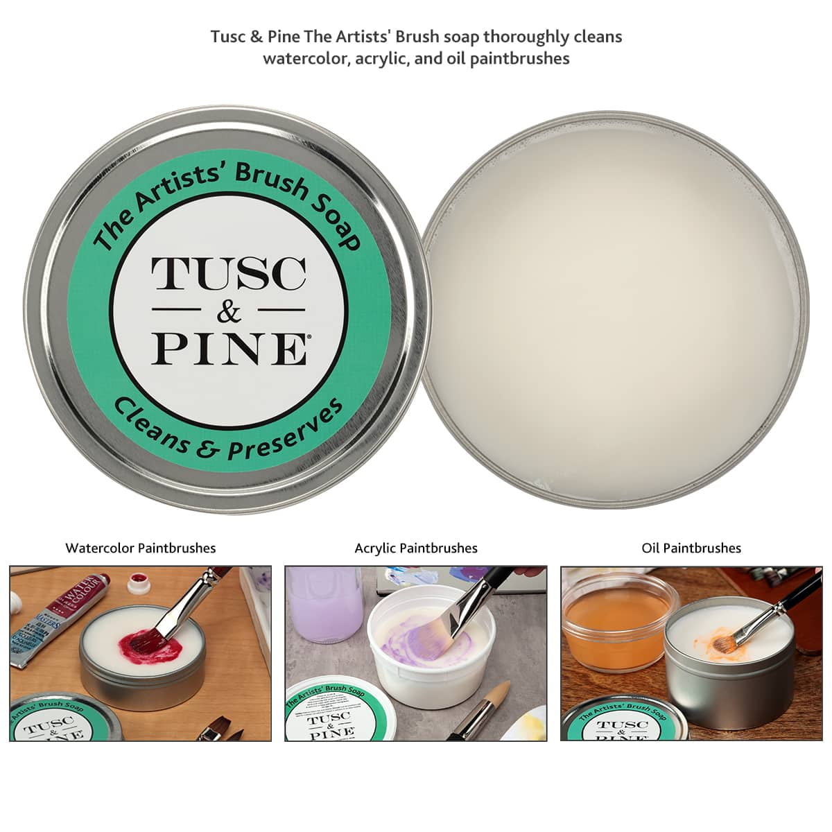Tusc & Pine The Artists' Brush Soap - 12oz Plant-Based Brush Cleaner, Oil, Acrylic, Watercolor Paint - Nourishes Bristles; Made in North Carolina; Alkali Soap, Gentle Pine Fragrance